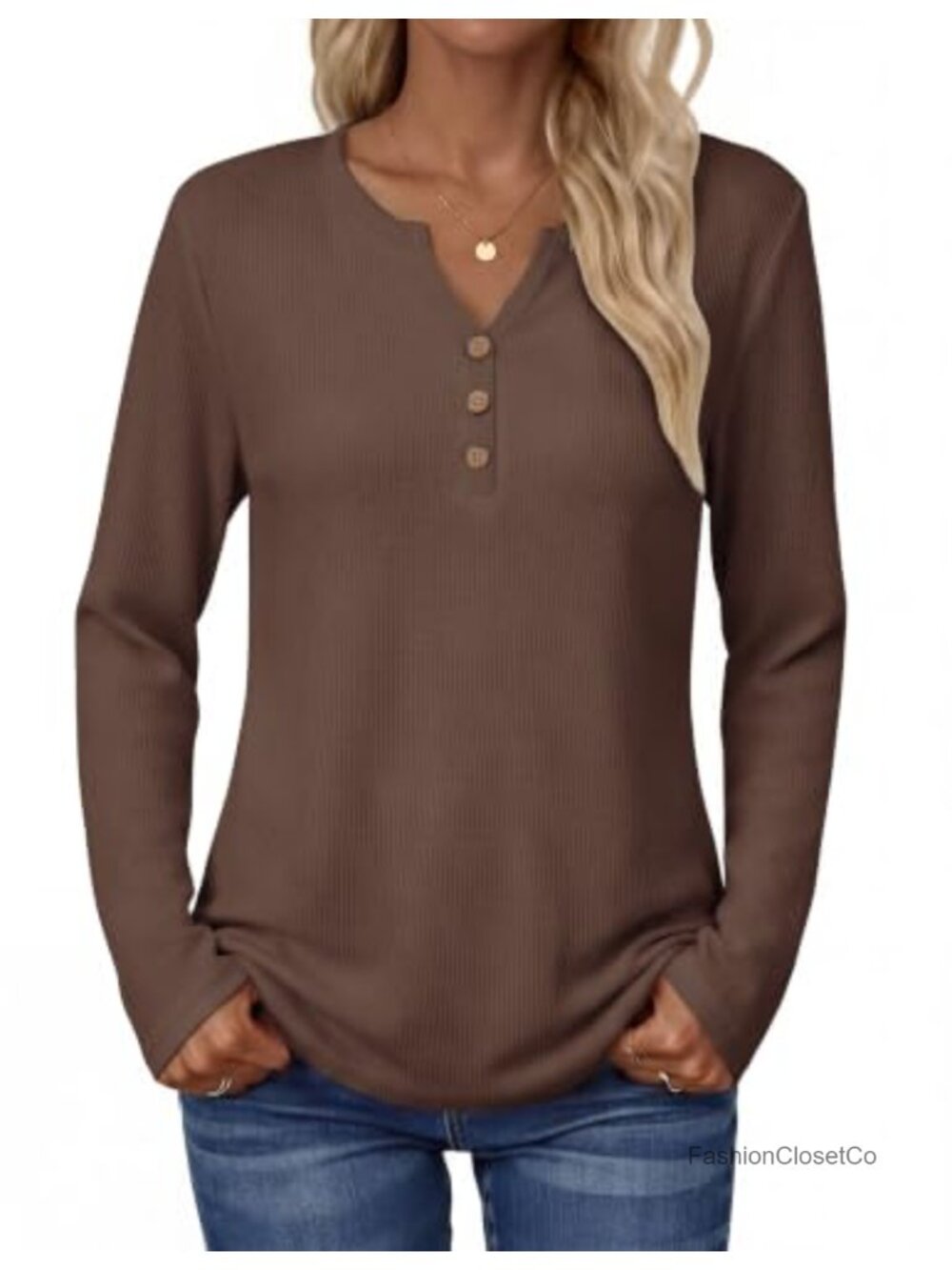 Women's Waffle Knit Long Sleeve V-Neck Button Tunic Top